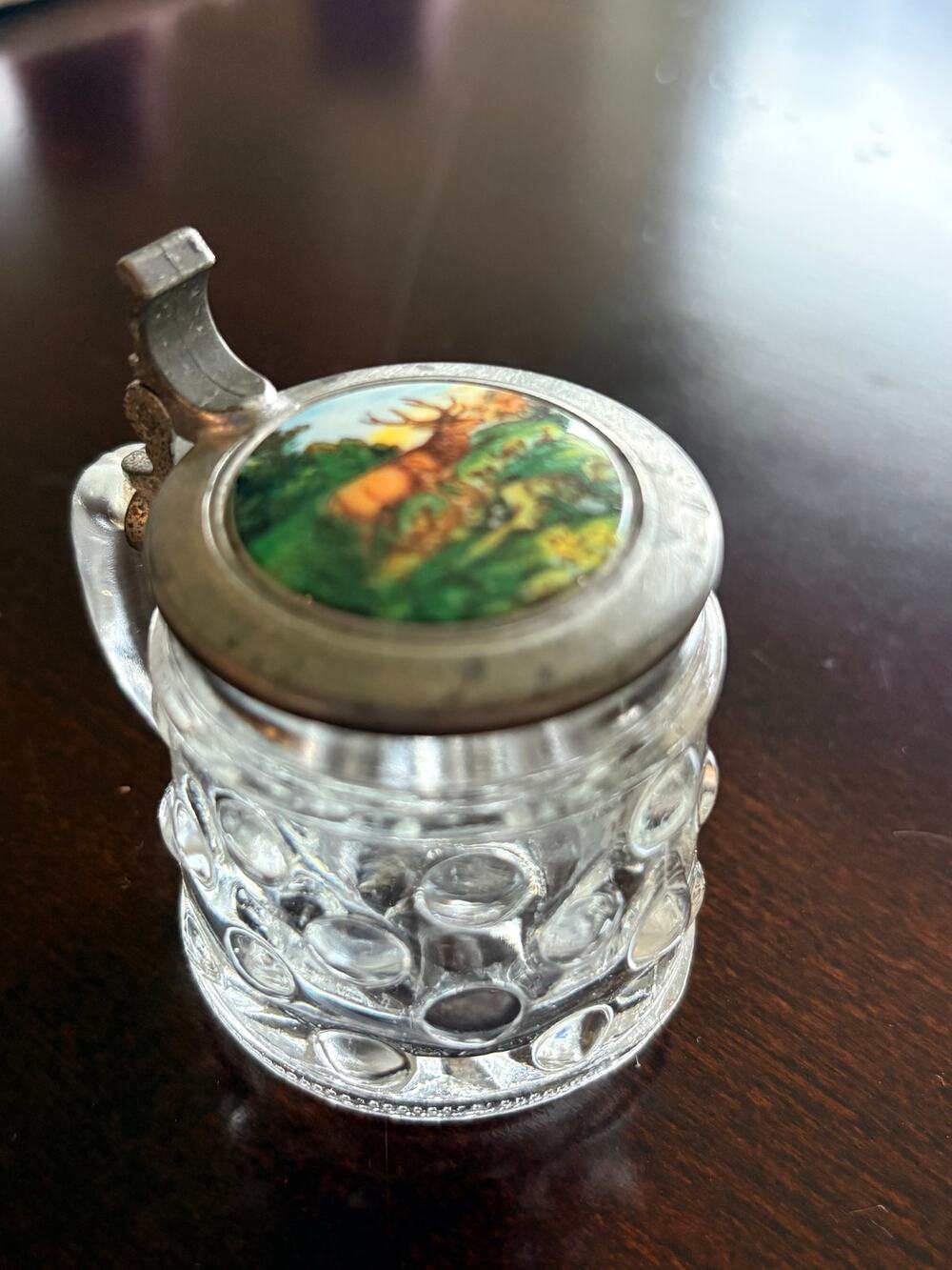 Vtg Original BMF Schnapskrügerl Mini Beer Stein Glass Deer Pewter Lid Germany